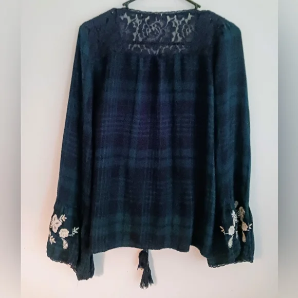 Altered States Women's Blue Plaid Lace Top With Embroideres Bell Sleeves. Medium - Picture 3 of 9